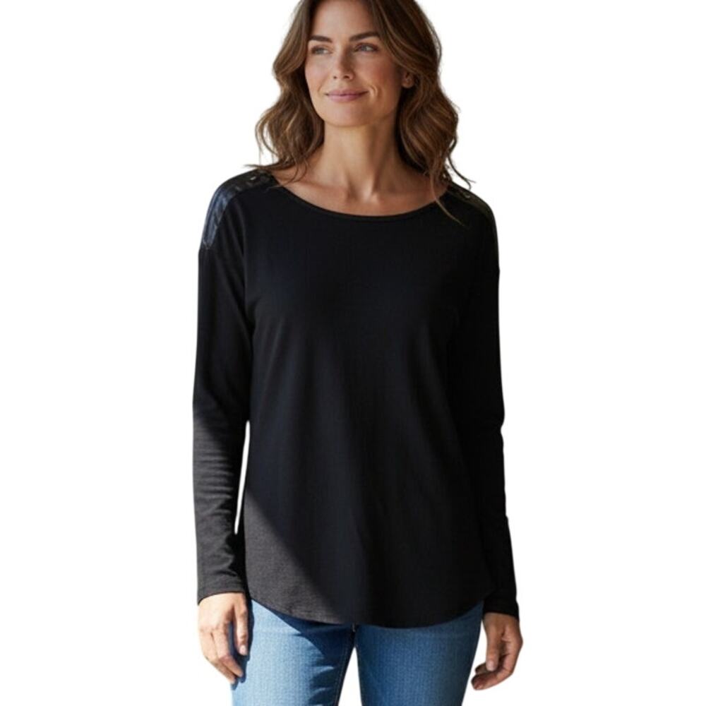 Lauren Ralph Lauren Thermal Womens Size 3X Black Leather Zip Shoulders Top